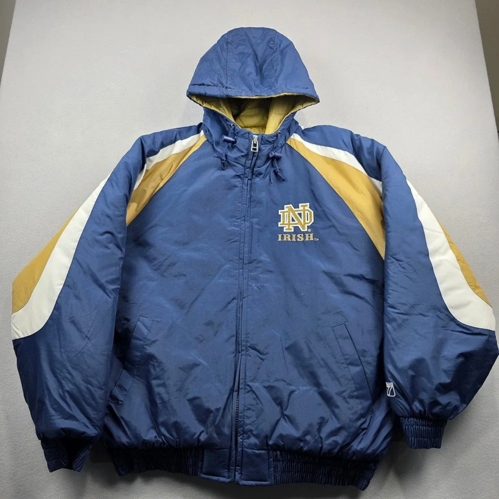 Vintage Logo 7 Notre Dame Fighting Irish Puffer Jacket Mens XL Navy‎ Gold Hooded